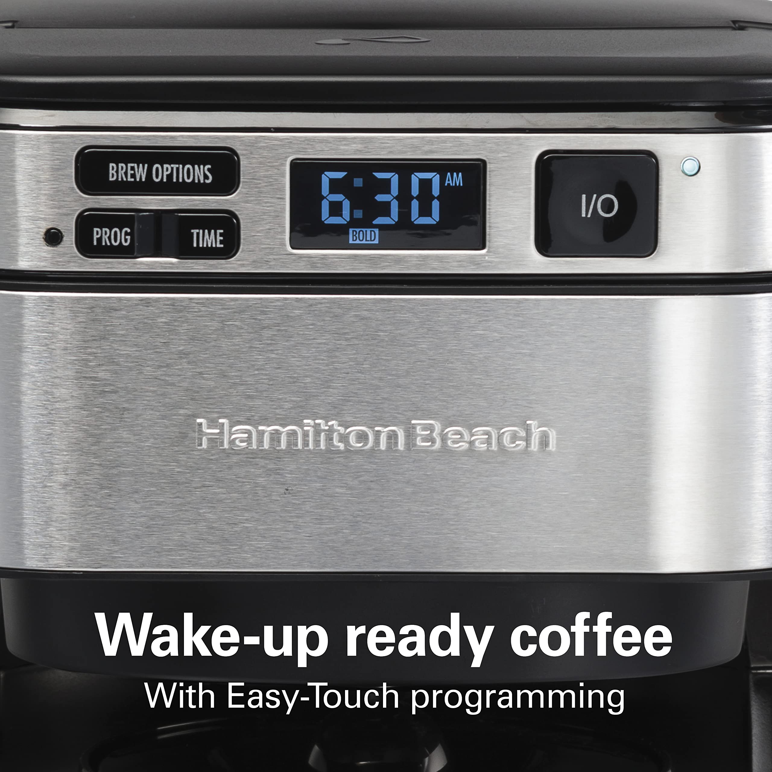 Hamilton Beach FrontFill® 12 Cup Programmable Coffee Maker, 1.7L Glass carafe, 950W , Wake up ready, 3 brewing options, Reusable mesh filter, Clean reminder Hamilton Beach FrontFill® 12 Cup Programmable Coffee Maker, 1.7L Glass carafe, 950W , Wake up ready, 3 brewing options, Reusable mesh filter, Clean reminder